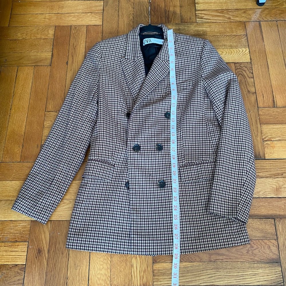 Zara Textured Brown Check Double Breasted Blazer Jacket Size XS - Picture 7 of 10
